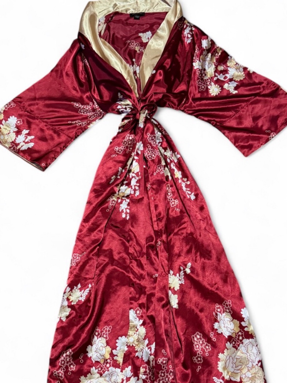 Jones New York Red Gold Floral Long Satin Kimono Robe